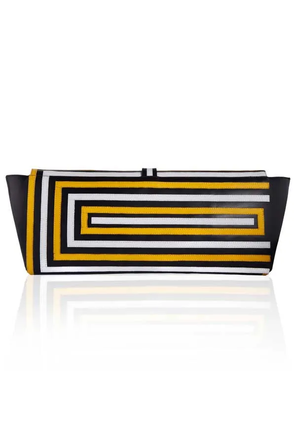 OVERSIZED TWO TONE LEATHER CLUTCH WITH BLACK, YELLOW AND WHITE APPLIQUE STRIPE DETAIL - BAGUETTE