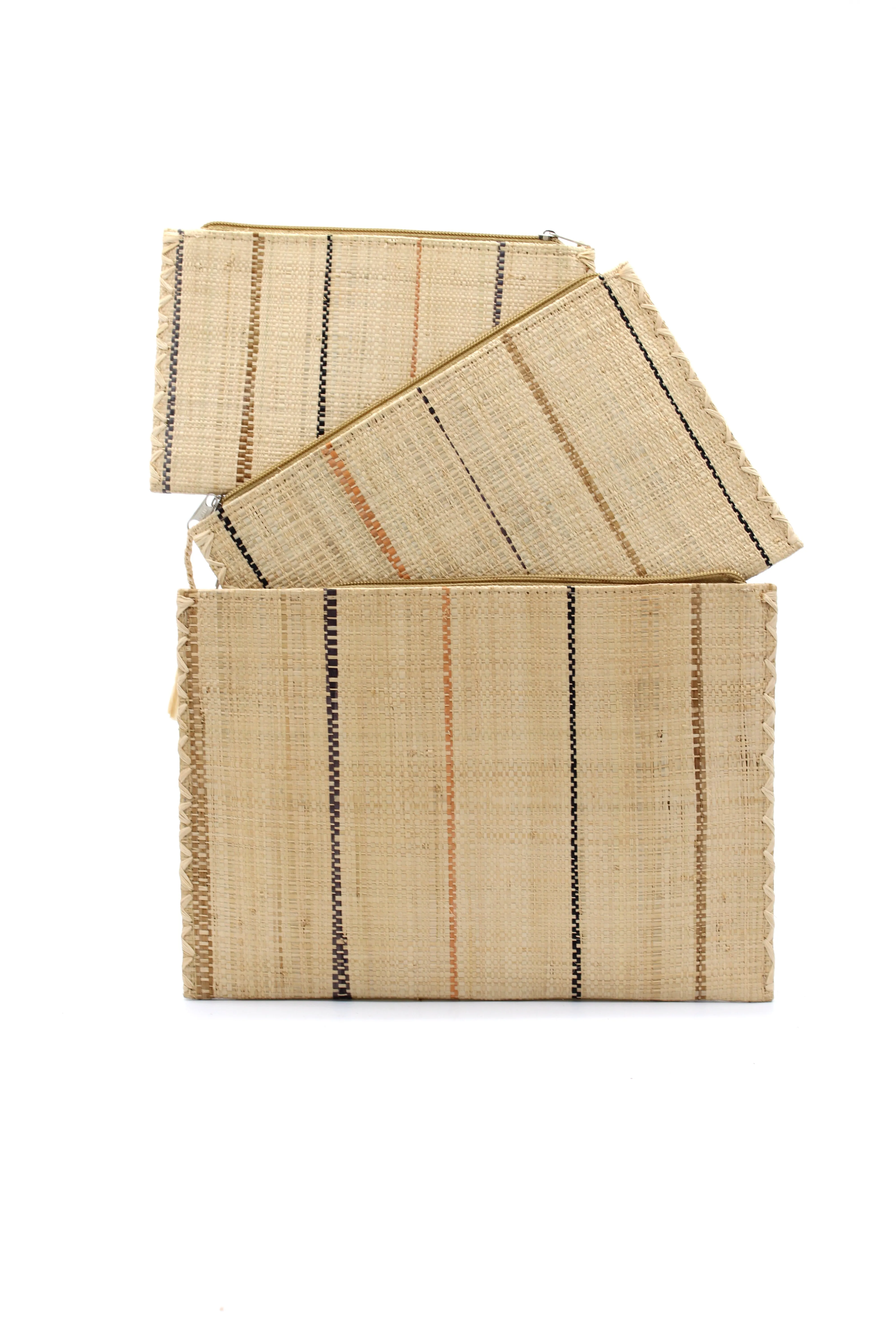 Set of 3 Nesting Zippered Straw Clutches Pinstripe Patterns