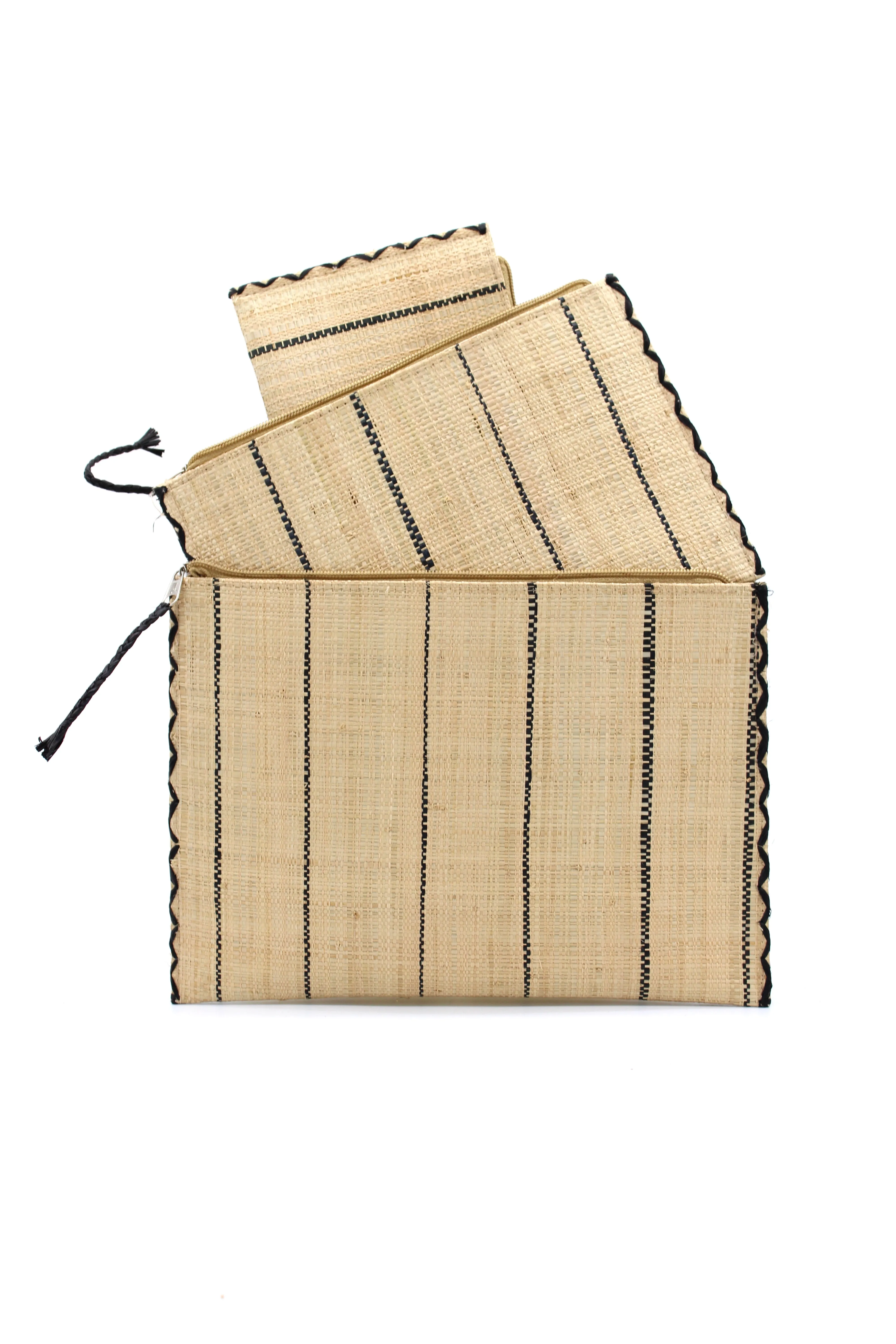 Set of 3 Nesting Zippered Straw Clutches Pinstripe Patterns