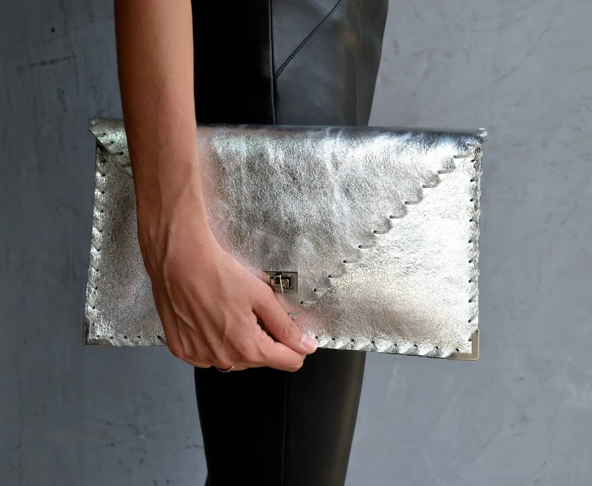 Symmetria leather clutch in silver