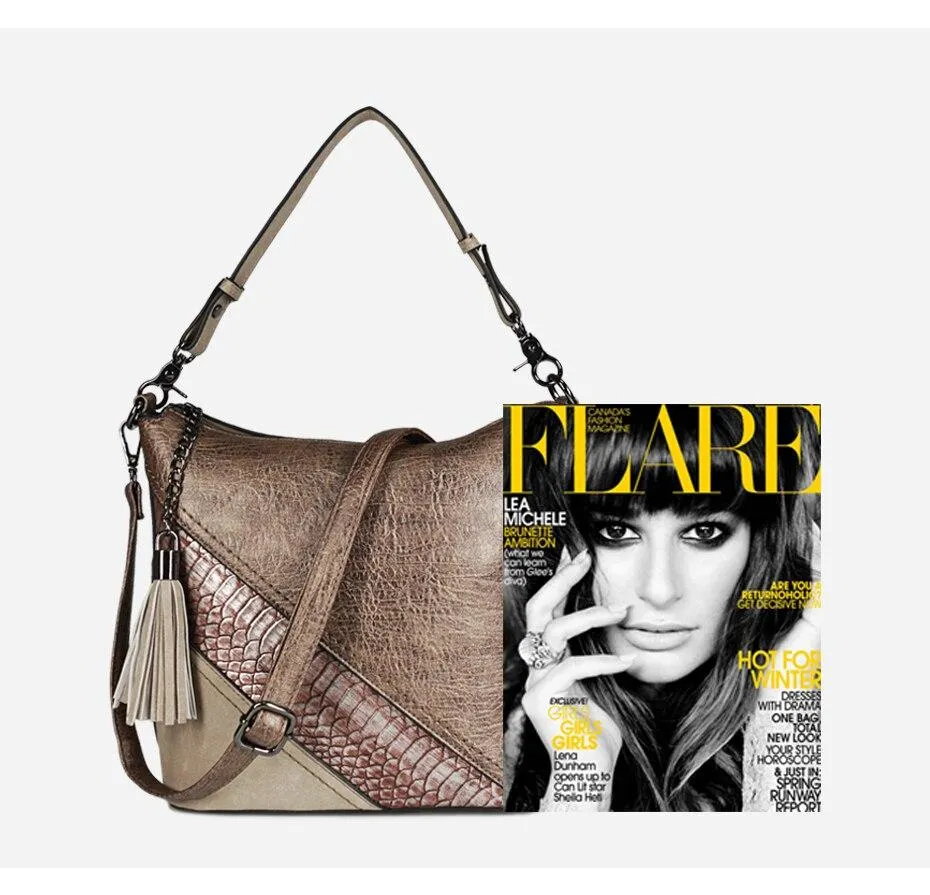 Vegan Leather Spliced Serpentine Satchel With Tassel