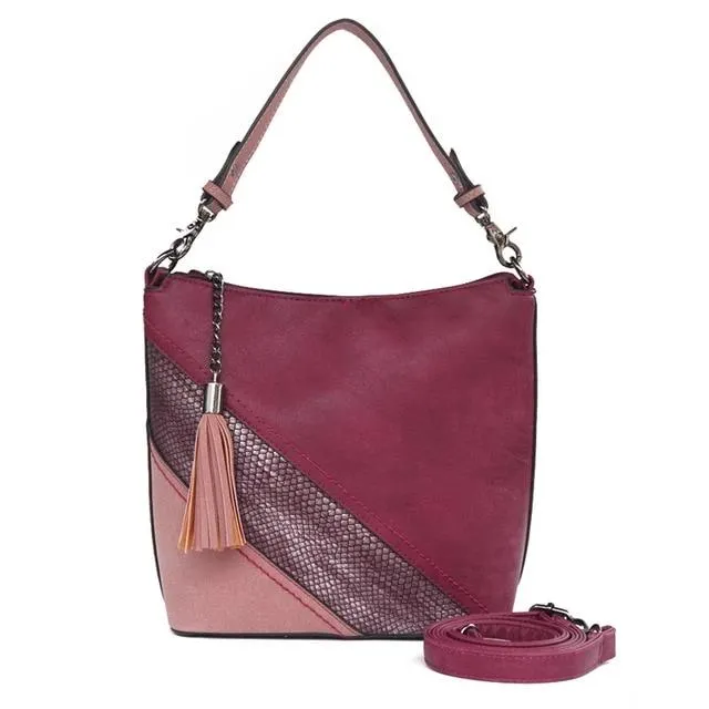 Vegan Leather Spliced Serpentine Satchel With Tassel