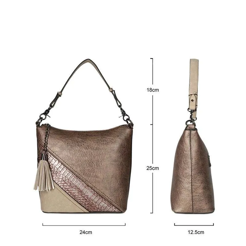 Vegan Leather Spliced Serpentine Satchel With Tassel