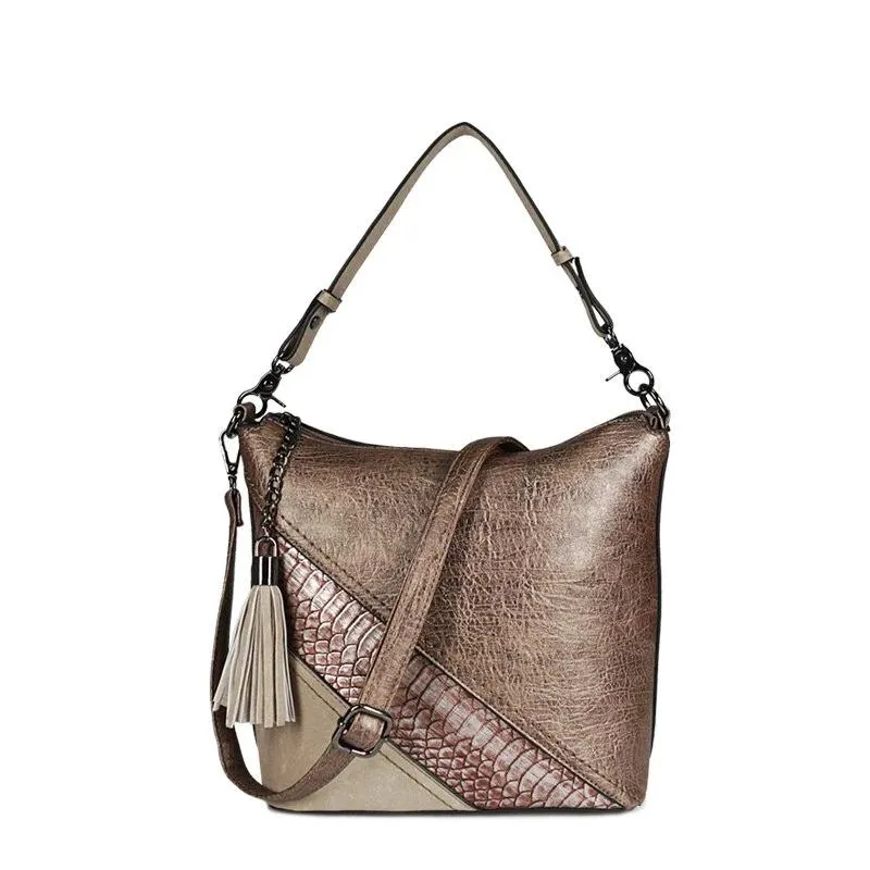Vegan Leather Spliced Serpentine Satchel With Tassel