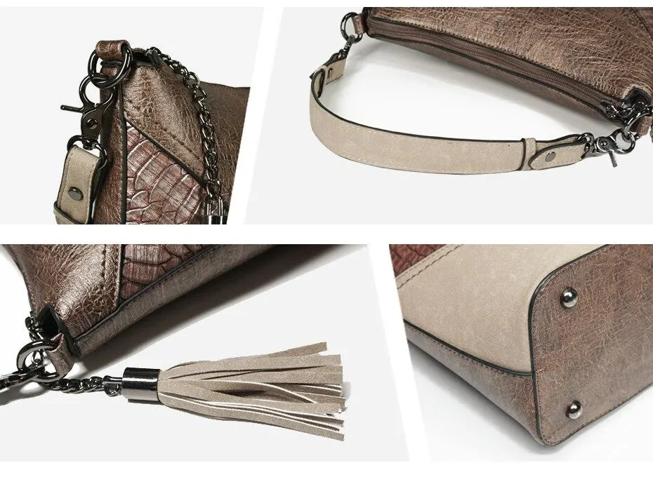 Vegan Leather Spliced Serpentine Satchel With Tassel