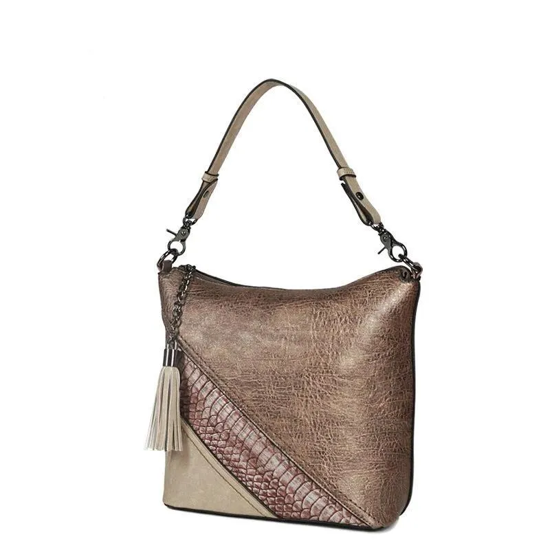 Vegan Leather Spliced Serpentine Satchel With Tassel