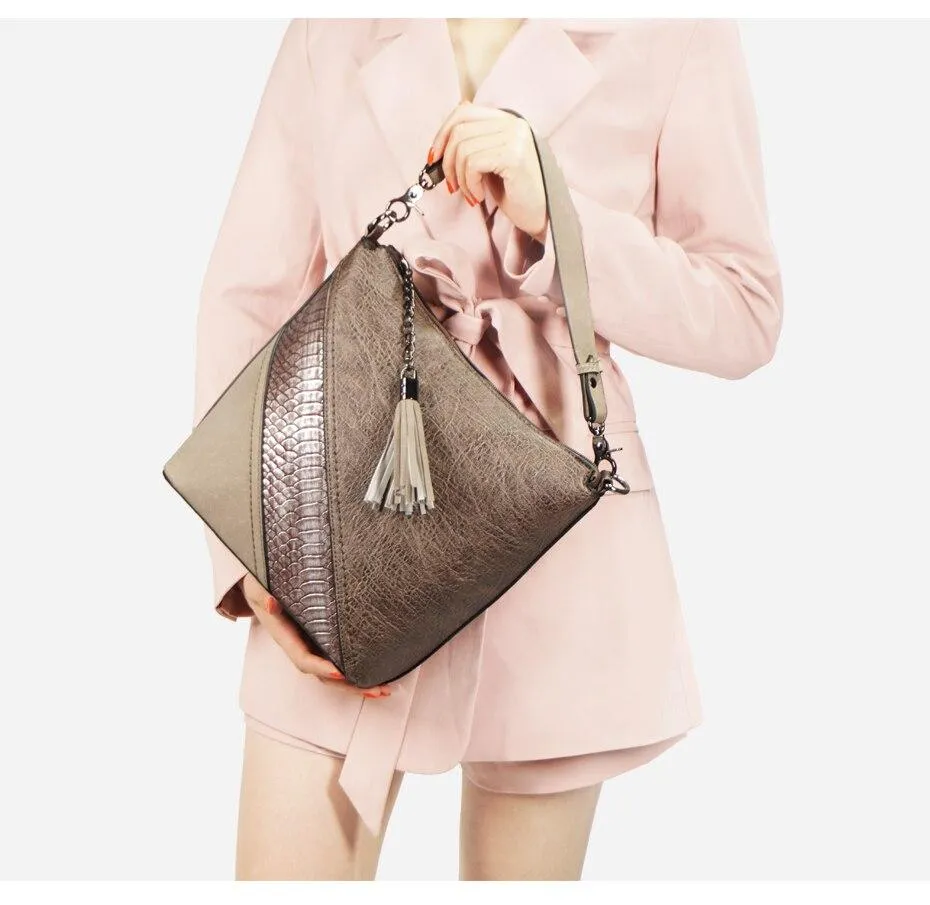 Vegan Leather Spliced Serpentine Satchel With Tassel