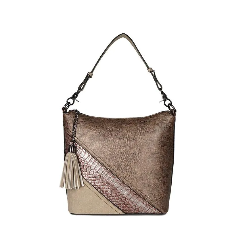 Vegan Leather Spliced Serpentine Satchel With Tassel