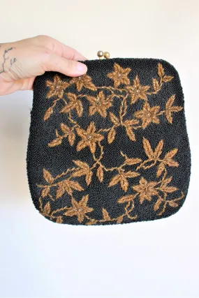 Vintage 1950s Beaded Clutch Bag With Golden Flowers