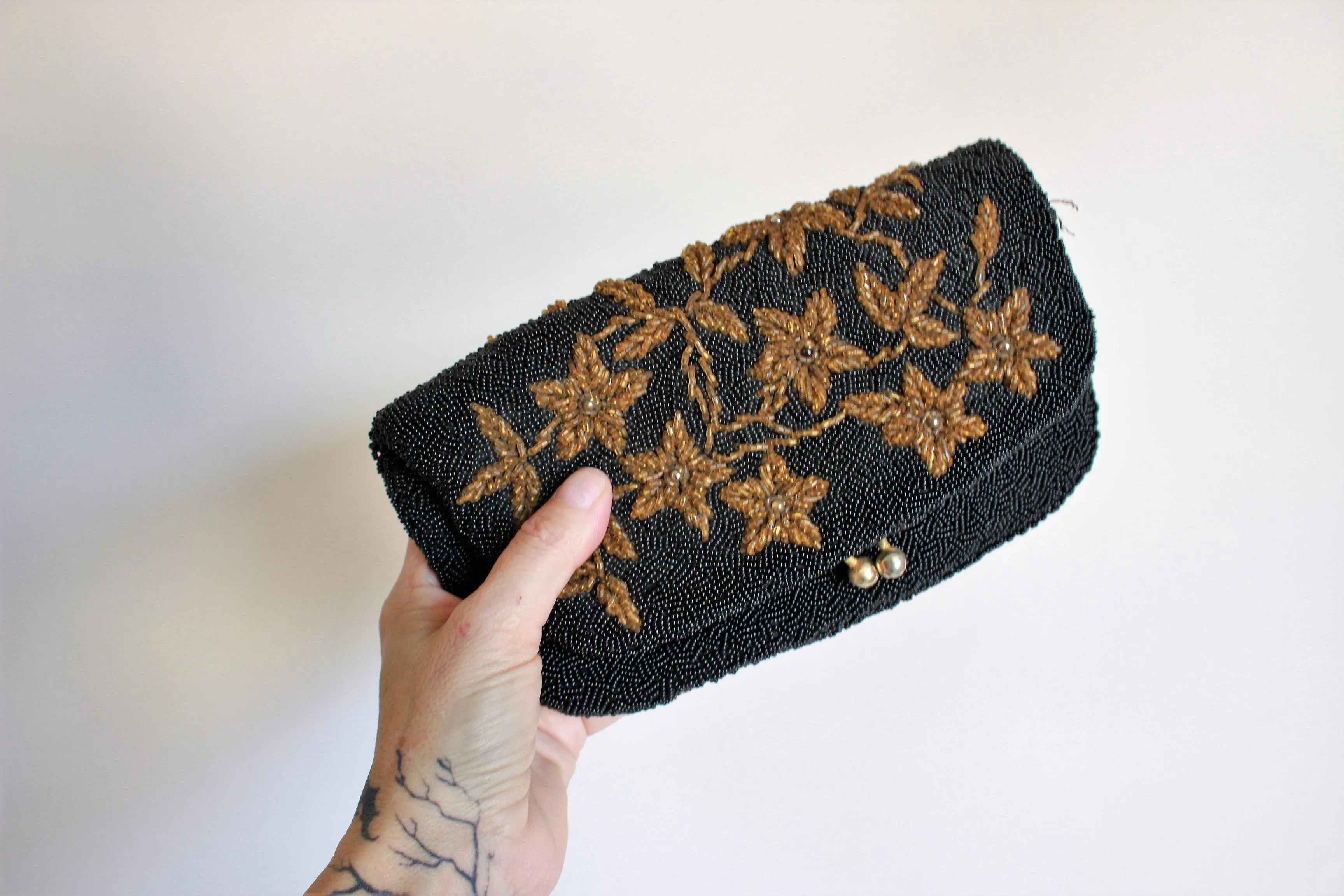 Vintage 1950s Beaded Clutch Bag With Golden Flowers