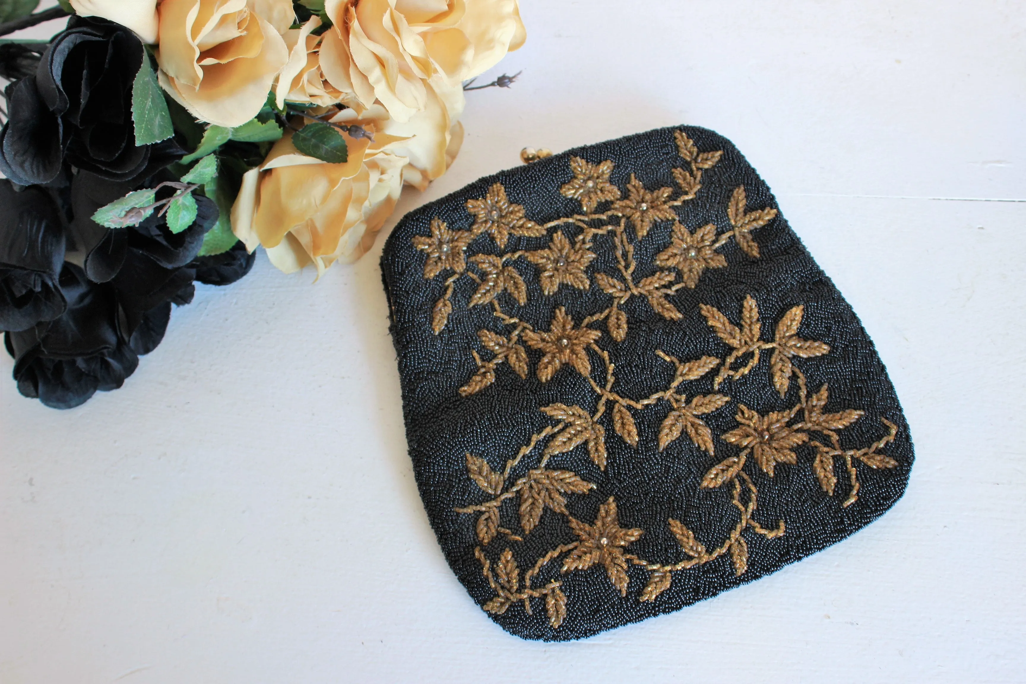 Vintage 1950s Beaded Clutch Bag With Golden Flowers