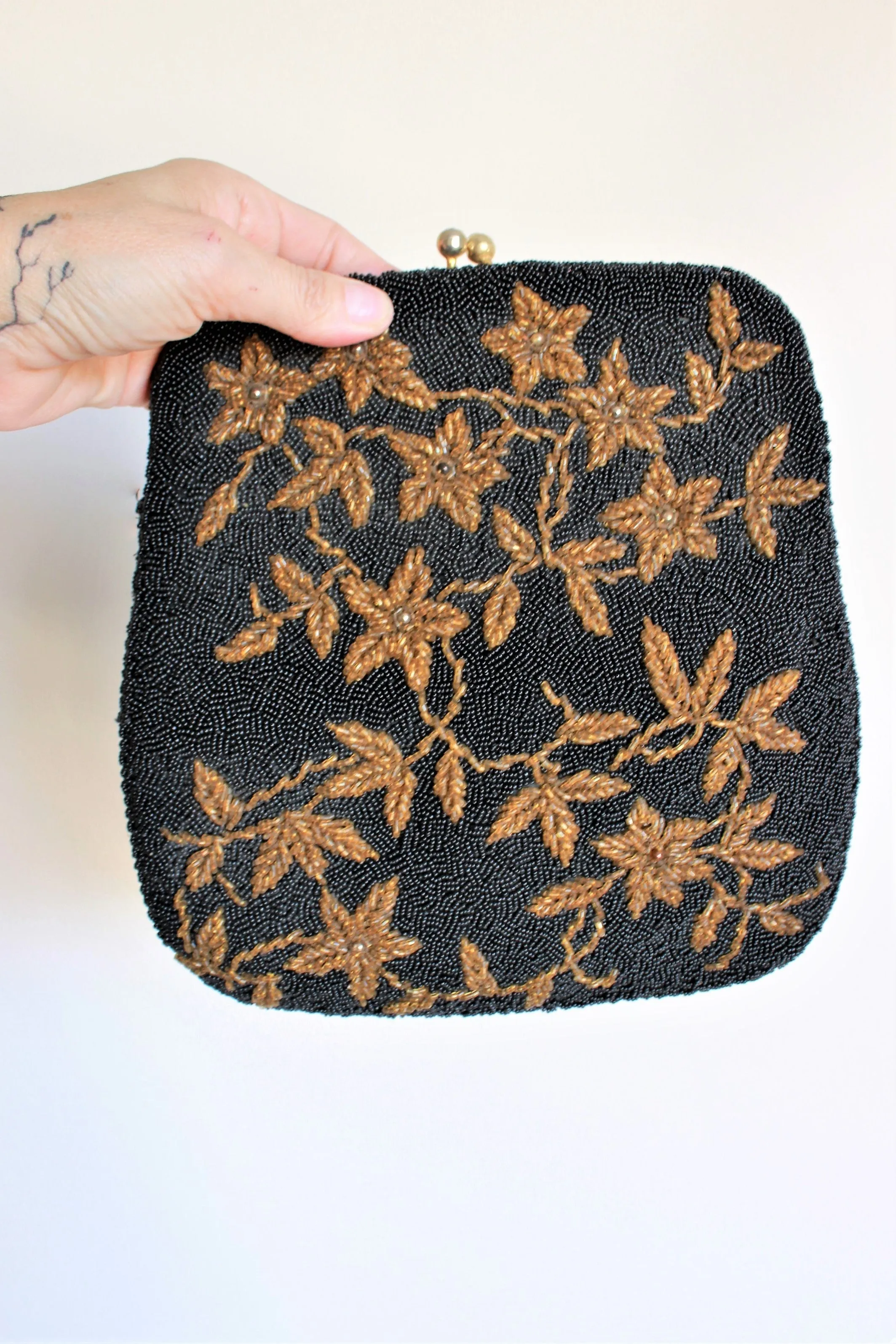Vintage 1950s Beaded Clutch Bag With Golden Flowers