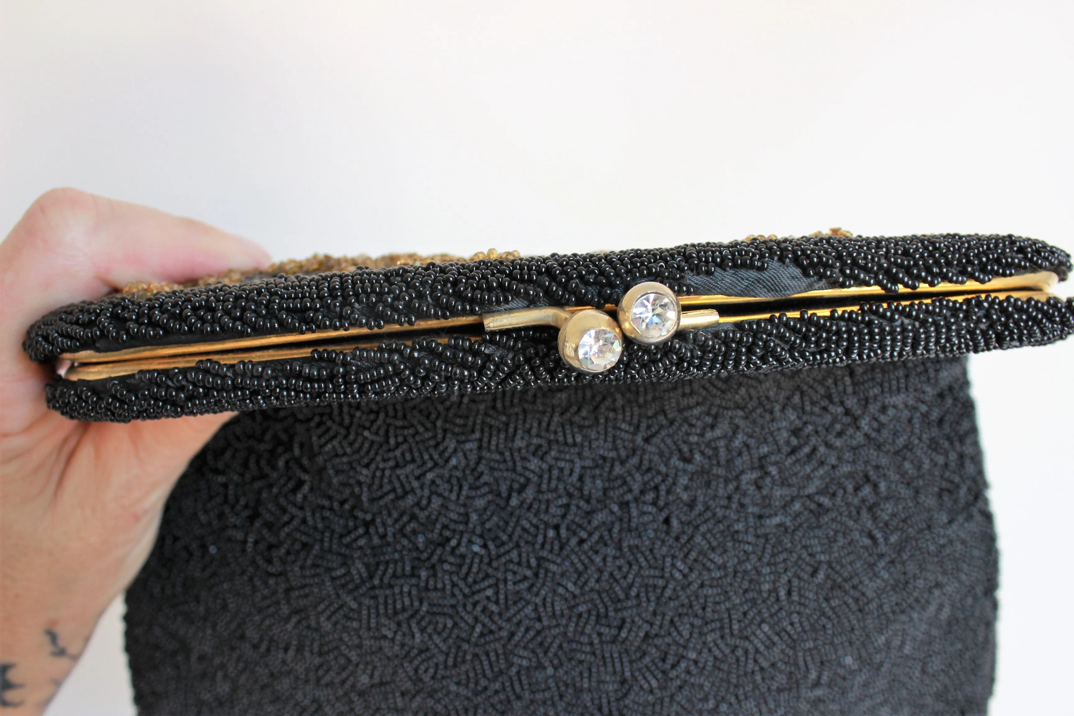 Vintage 1950s Beaded Clutch Bag With Golden Flowers