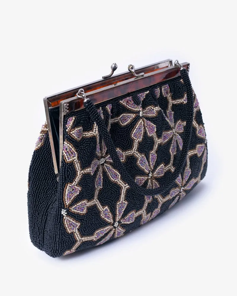 Vintage Bag, Purse, Beaded, Abstract Floral Pattern, Black and Lavender