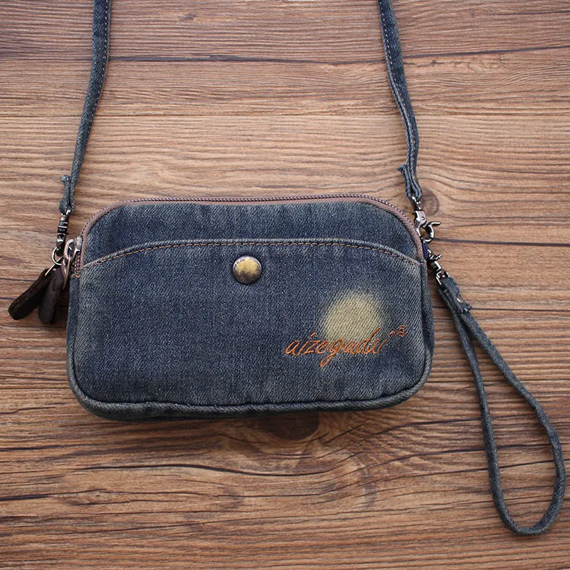 Vintage Womens Blue Denim Wristlet Card Purse Denim Wristlet Coin Key Wallet for Women