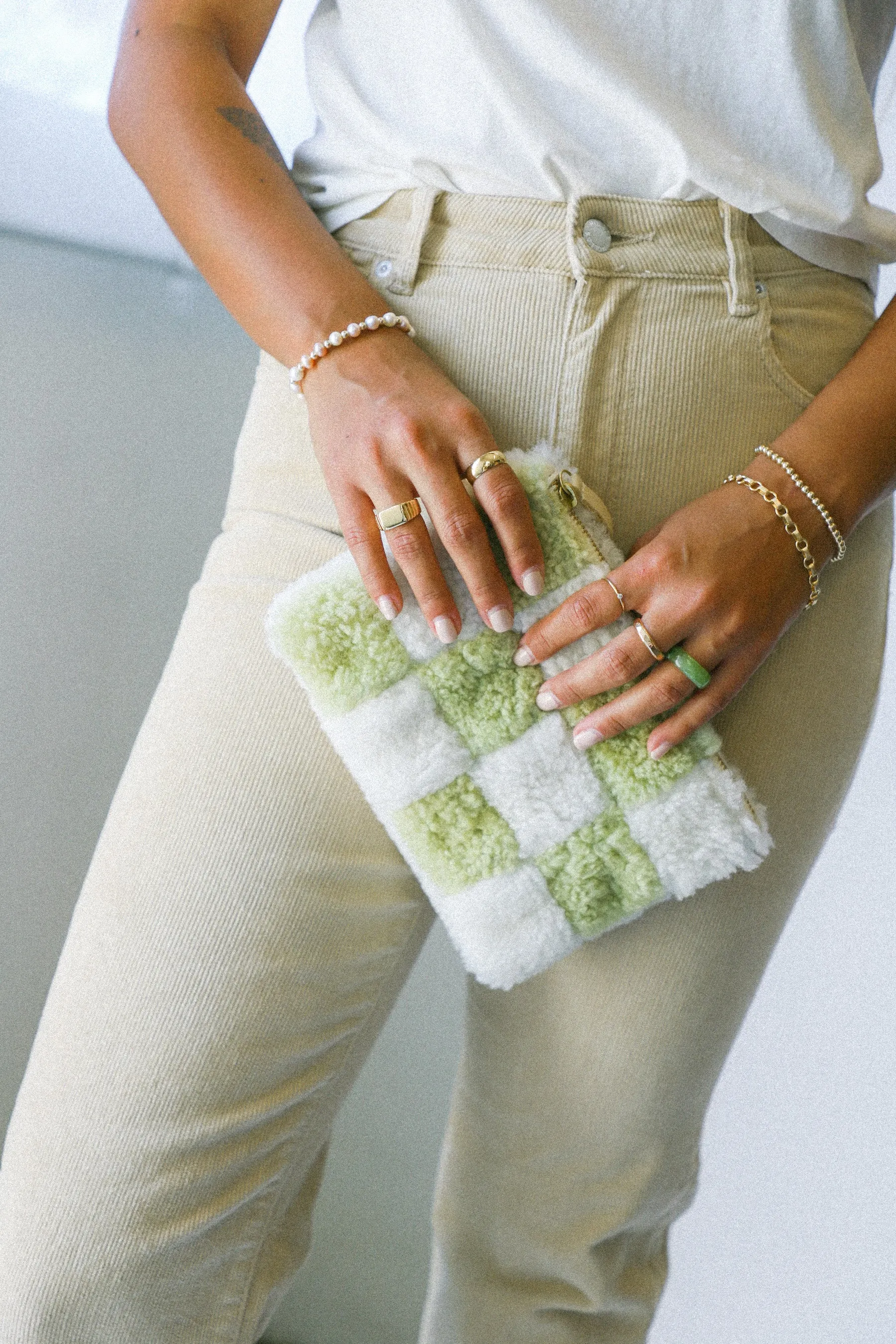 X Prism Avocado   White Checkered Patchwork Pouch